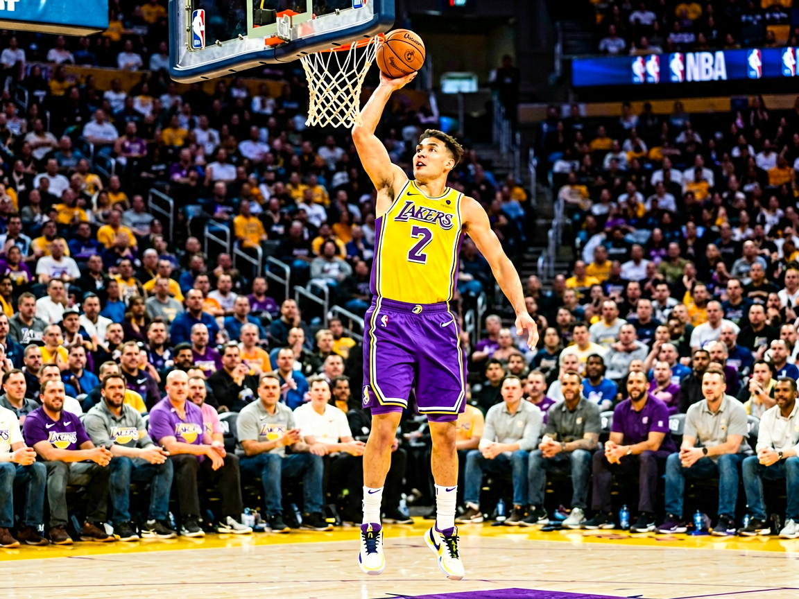 NBA常规赛：湖人队球员突破上篮，观众席气氛热烈